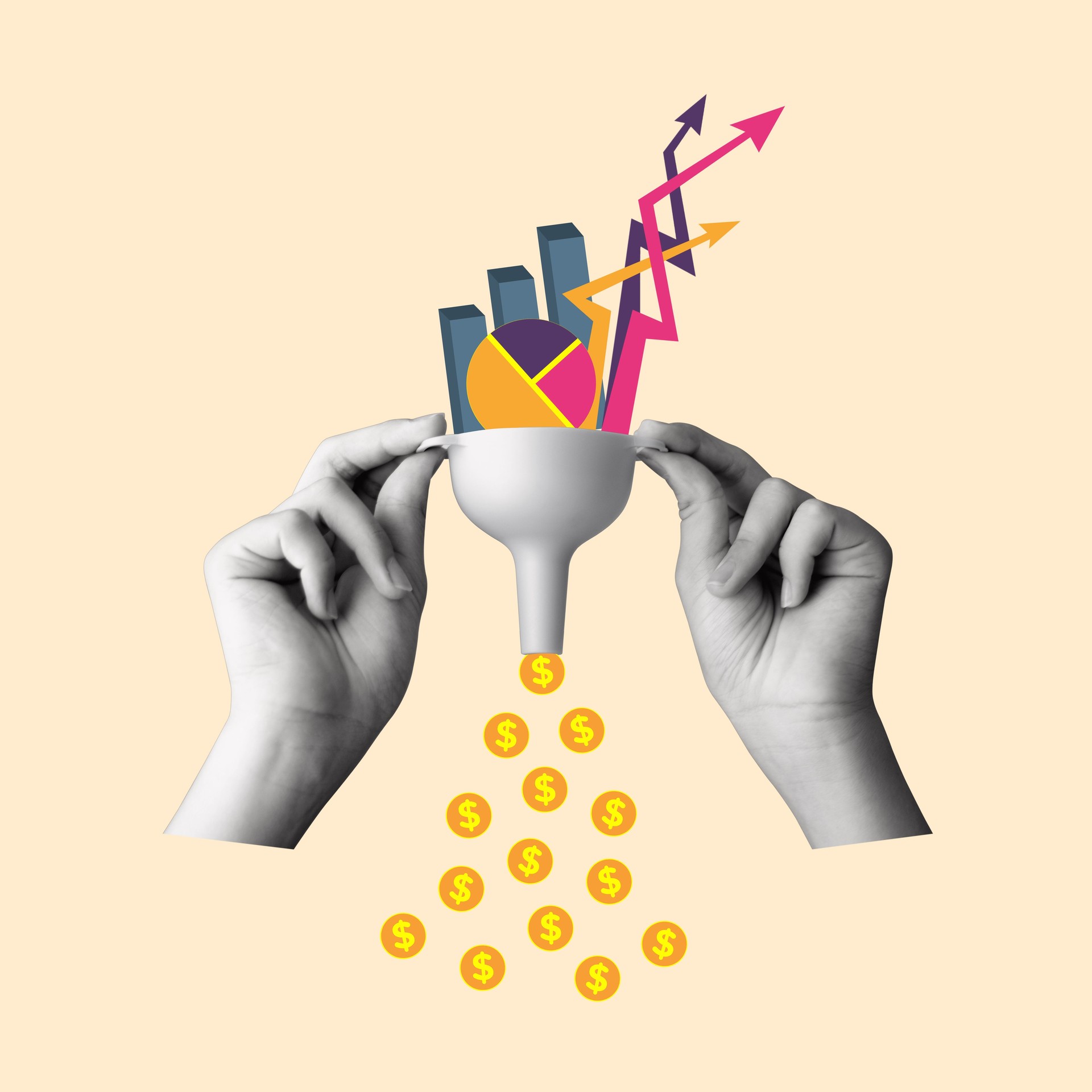 Contemporary art collage of human hands holding a funnel and dollars, graphs, diagrams and arrows.